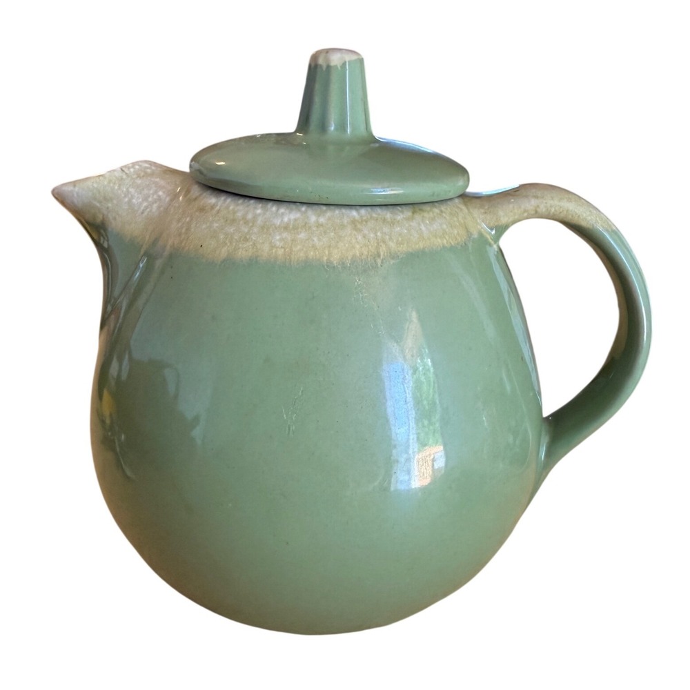 Vintage Hull Pottery Avocado Green Drip-glaze Teapot Mid-Century Modern Retro